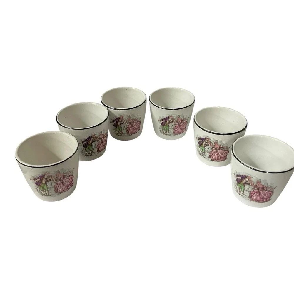 Loucarte Ceramic Egg Cups Set‎ Of 6 Porcelain Enamel Rococo Courting Scene